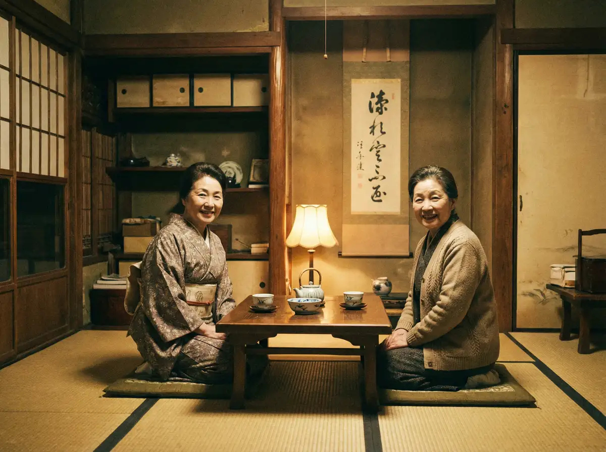 两位优雅的 Stake平台 在日式茶室中品茶交谈